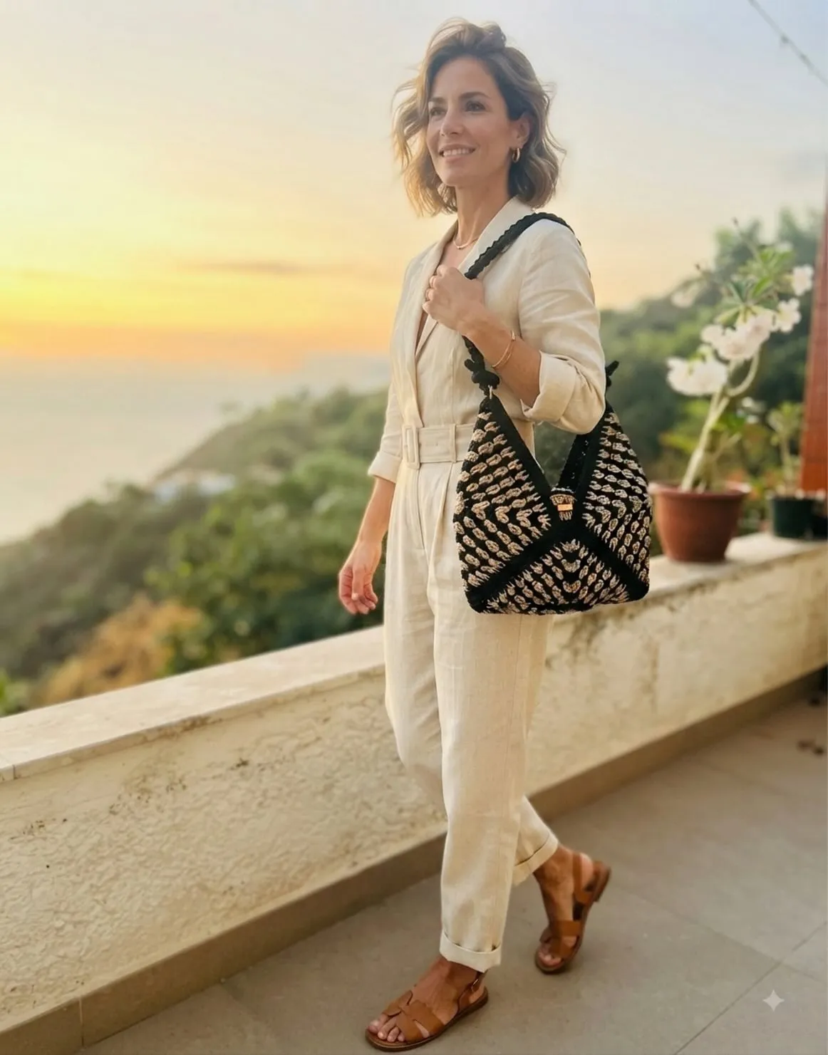 Mulher usando a Bolsa Mila no ombro, numa varanda